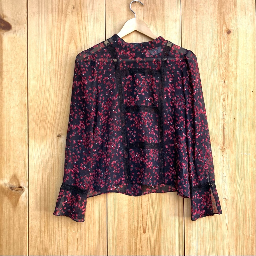 Leur Logette Silk Floral Lightweight Black and Red Women's Top Blouse Sz Small